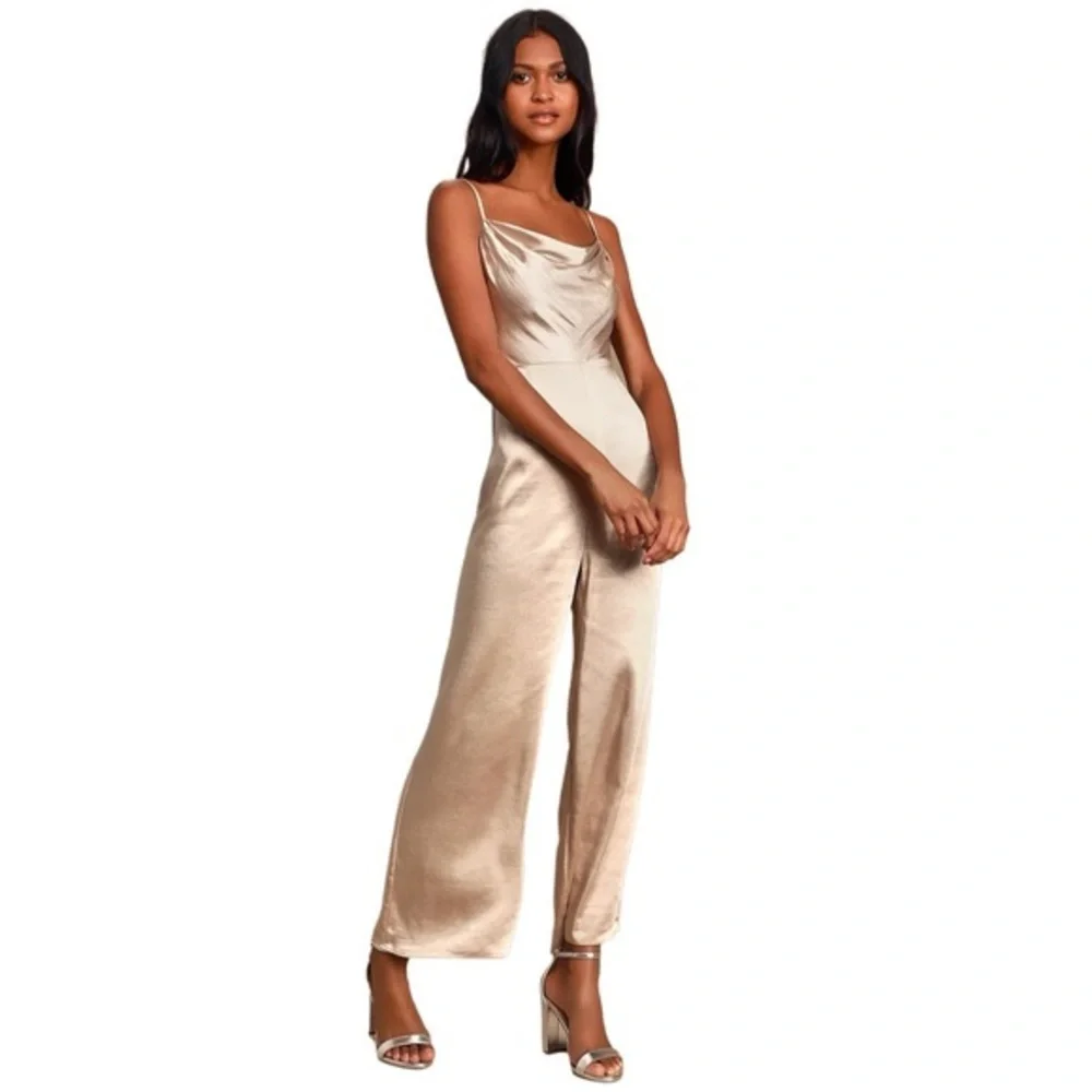 LUSH Champagne Satin Cowl Neck Culotte Jumpsuit - Picture 1 of 7